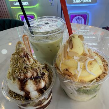 Claws and Cream - Dubai chocolate 8/10, avocado durian 6/10, Pandan Coconut Jasmine Milk Tea (Non-Dairy) 8/10 - Coffee & Tea Near Me - Garden Grove, California