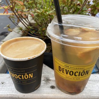 Devocion - Decaf almond cappuccino and Apple, Strawberry, Spearmint Aromatica - Coffee & Tea Near Me - Brooklyn, New York