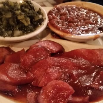Dick Russell's Bar-B-Q - Smoked BBQ sausage lunch with turnip greens and barbecue beans - Barbeque Near Me - Mobile, Alabama Dick Russell's Bar-B-Q - Smoked BBQ sausage lunch with turnip greens and barbecue beans - Barbeque Near Me - Mobile, Alabama