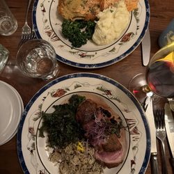 Ketchum Grill - Trout (gluten free) and Peppered Duck Breast Fruitwood Grilled with Idaho Huckleberries and Port