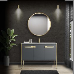 Fairfield Kitchen & Bath - Fine Fixture Vanity with quartz top, Mirror, faucet.