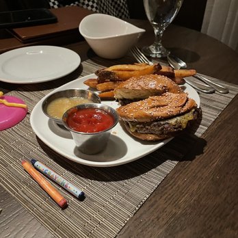 Ocean Prime - Kids cheeseburger and fries with applesauce... - Seafood Near Me - Chicago, Illinois Ocean Prime - Kids cheeseburger and fries with applesauce... - Seafood Near Me - Chicago, Illinois