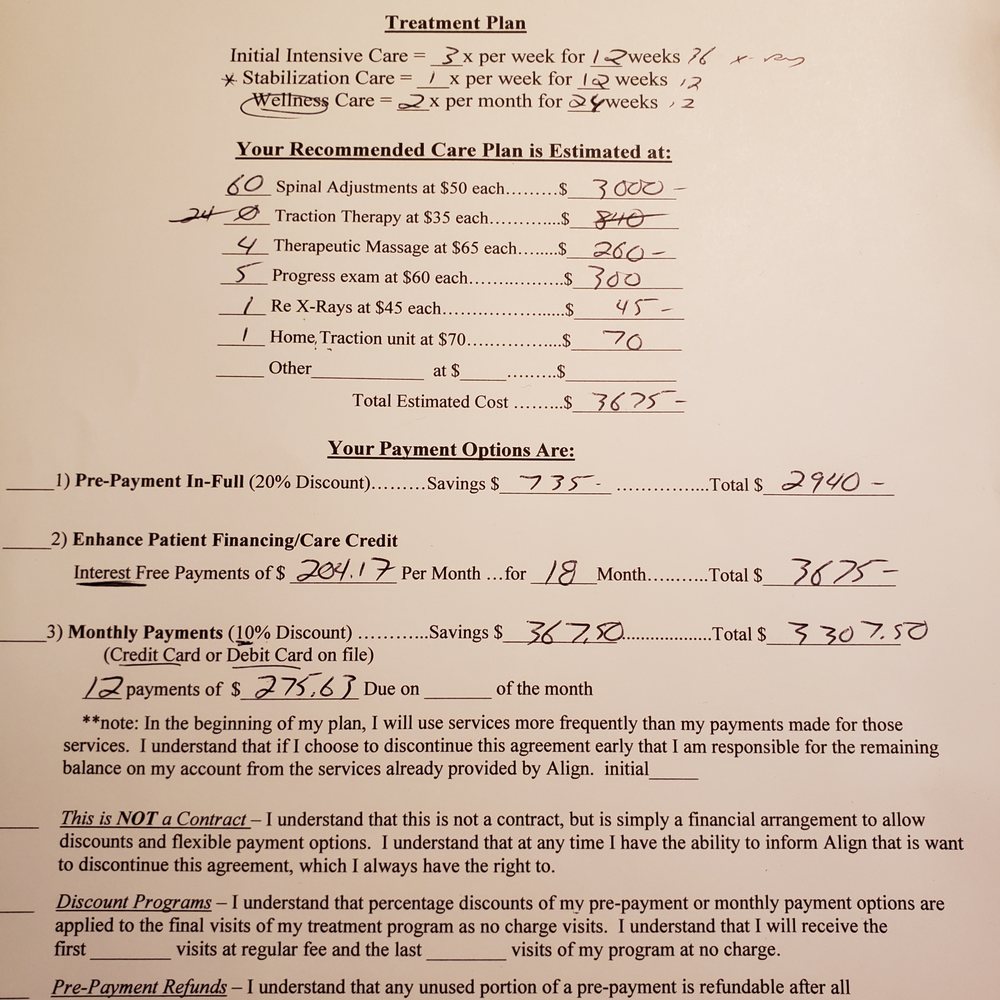 Aligned & Well - After telling me how bad off I was and how badly I needed his services, he took out this sheet and a calculator to price it all out. - Chiropractors Near Me - Loveland, Colorado