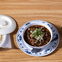 Taqueria Los Potrillos - Mexican beef soup with onion, cilantro, and tortillas