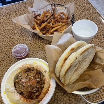 Sunrise Pita & Grill - Shawarma and hummus dish with a side of fries - Kosher Near Me - Davie, Florida