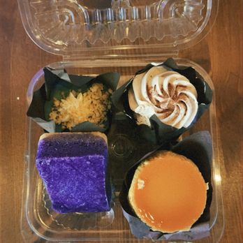 Cafe 86 - Clockwise from top left: Ube Crack Cheesecake, Milo Cupcake, Ube Butter Bar, and Ube Leche Flan Cupcake - Desserts Near Me - San Diego, California Cafe 86 - Clockwise from top left: Ube Crack Cheesecake, Milo Cupcake, Ube Butter Bar, and Ube Leche Flan Cupcake - Desserts Near Me - San Diego, California