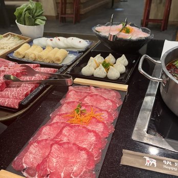 Happy Lamb Hot Pot - Baby Bok Choy, Daikon, Enoki, tofu skin, beef and lamb combo platter, 6 oz. Ox Tongue, Fish Ball with Roe, Fish Fillet - Hot Pot Near Me - Boston, Massachusetts