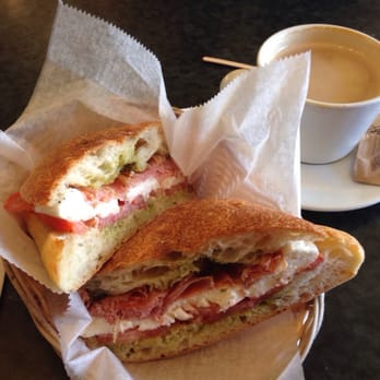 Café Rustica - Rustica special with prosciutto on ciabatta and a latte - Coffee & Tea Near Me - Somerville, Massachusetts