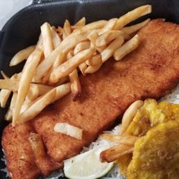 Mahi with white rice and french fries Mahi with white rice and french fries