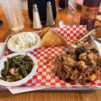 Wiley's Championship BBQ - Pulled pork platter with collards and potato salad - Barbeque Near Me - Savannah, Georgia Wiley's Championship BBQ - Pulled pork platter with collards and potato salad - Barbeque Near Me - Savannah, Georgia