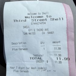Shell - Carwash receipt $11.99 for Plus Carwash