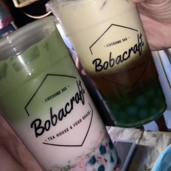 Bobacraft Cafe - Pink Matcha and Oolong Milk Tea with blue boba - Bubble Tea Near Me - Alhambra, California Bobacraft Cafe - Pink Matcha and Oolong Milk Tea with blue boba - Bubble Tea Near Me - Alhambra, California