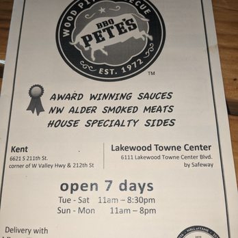 BBQ Pete's - Menu cover w/ hours of operation - Barbeque Near Me - Kent, Washington BBQ Pete's - Menu cover w/ hours of operation - Barbeque Near Me - Kent, Washington