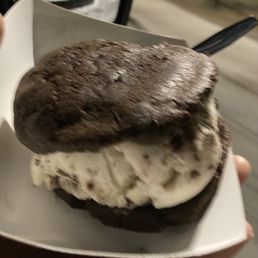 Vegan ice cream sandwich: 2 Vegan Fudgy Brownie Cookies (Gluten Free) with vegan chocolate chip ice cream. Vegan ice cream sandwich: 2 Vegan Fudgy Brownie Cookies (Gluten Free) with vegan chocolate chip ice cream.