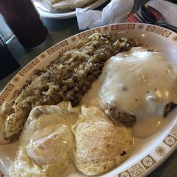 Chicken Fried Steak, hash browns, eggs, and pancakes . Biscuits not pictured. Chicken Fried Steak, hash browns, eggs, and pancakes . Biscuits not pictured.