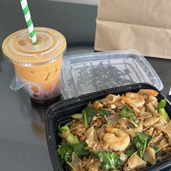Thai District - shrimp Pad See Eew Noodles and Thai Iced Tea - Thai Near Me - Long Beach, California Thai District - shrimp Pad See Eew Noodles and Thai Iced Tea - Thai Near Me - Long Beach, California