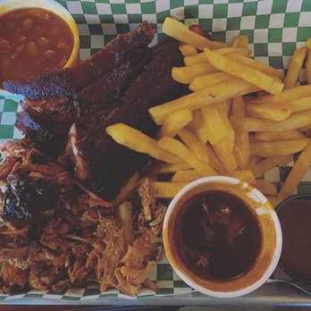 Jay's Southern Cafe - 2 meat combo with ribs, pork, beans, and fries. - Southern Near Me - Alpine, California