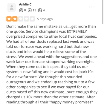 Service Champions - original review, and response to me on 12/18 after not messaging me back from 12/14 - Heating & Air Conditioning/HVAC Near Me - Brea, California Service Champions - original review, and response to me on 12/18 after not messaging me back from 12/14 - Heating & Air Conditioning/HVAC Near Me - Brea, California