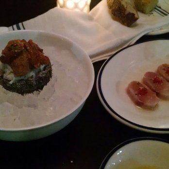Bar Mezzana - Sea urchin crab crudo on the left and yellowtail on the right - Italian Near Me - Boston, Massachusetts Bar Mezzana - Sea urchin crab crudo on the left and yellowtail on the right - Italian Near Me - Boston, Massachusetts