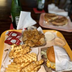 Mighty Fine - Waffle fries, fried pickles, single burger