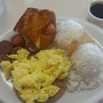 The Beach Hut - #5 Hawaiian Breakfast. White rice, egg, cornbeef/hash cake, Portuguese sausage (little kick), Hawaiian sweet bread, and teriyaki sauce - Hawaiian Near Me - Torrance, California The Beach Hut - #5 Hawaiian Breakfast. White rice, egg, cornbeef/hash cake, Portuguese sausage (little kick), Hawaiian sweet bread, and teriyaki sauce - Hawaiian Near Me - Torrance, California