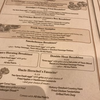 Cracker Barrel Old Country Store - Two inside pages of the menu (Breakfast) - American Near Me - Bentonville, Arkansas Cracker Barrel Old Country Store - Two inside pages of the menu (Breakfast) - American Near Me - Bentonville, Arkansas