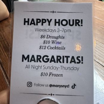 Mary's - Happy hour menu - Pubs Near Me - New York, New York