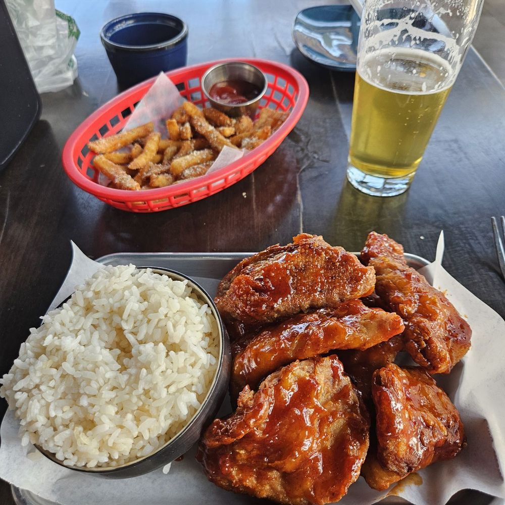 Bonchon Denver - Buchtel Blvd - 8 chicken strips with Yangnyeom sauce and a cup of white rice with fries & Bonchon Rice Lager - Chicken Wings Near Me - Denver, Colorado