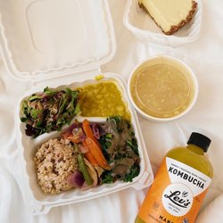 Himalaya Vegan Organic Restaurant - Kombucha, Key lime pie, soup, and moderate plate