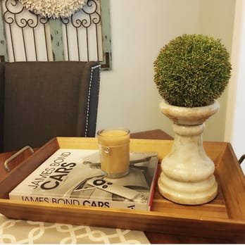 Nona Jo's - A sedum ball and pillar with the most delicious smelling Mimosa candle for simple coffee table decor. - Home Decor Near Me - Naperville, Illinois