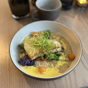 Root & Bone - Pan Seared Cod with lemon tarragon parmasean risotto - Gastropubs Near Me - Pelham, Ontario
