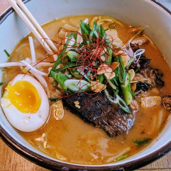 Ramen Wasabi - Spicy Roasted Garlic Miso Ramen - Egg noodle, pork broth, berkshire pork belly, soft boiled egg, scallions, garlic chips and chili threads. - Ramen Near Me - Chicago, Illinois Ramen Wasabi - Spicy Roasted Garlic Miso Ramen - Egg noodle, pork broth, berkshire pork belly, soft boiled egg, scallions, garlic chips and chili threads. - Ramen Near Me - Chicago, Illinois