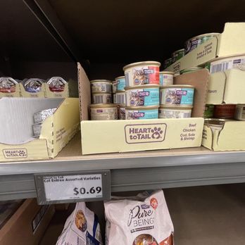 ALDI - Prices as of Jan 2024. Cat food smaller cans $0.69 each. Feed your cat 3x a day for $14.49 a week. Don't forget the dry food. - Grocery Near Me - Oxnard, California