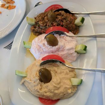 Greek Islands - Trio of spreads (top to bottom): eggplant, carp roe mousse, and hummus - Greek Near Me - Little Neck, New York Greek Islands - Trio of spreads (top to bottom): eggplant, carp roe mousse, and hummus - Greek Near Me - Little Neck, New York