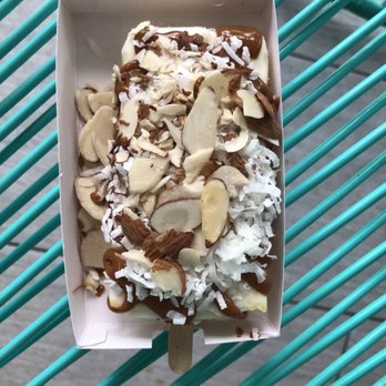Holy Pops - Sugar-Free Mango Yogurt Paleta w/ Dulce de Leche, Almonds, and Coconut - Desserts Near Me - San Antonio, Texas Holy Pops - Sugar-Free Mango Yogurt Paleta w/ Dulce de Leche, Almonds, and Coconut - Desserts Near Me - San Antonio, Texas
