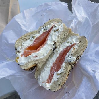 Absolute Bagels - Everything bagel w/ olive & pimento tofutti and lox - Bakeries Near Me - New York, New York Absolute Bagels - Everything bagel w/ olive & pimento tofutti and lox - Bakeries Near Me - New York, New York