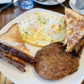 Perk Up Kitchen - French Toast w/sausage and eggs - Breakfast & Brunch Near Me - Bloomington, Minnesota Perk Up Kitchen - French Toast w/sausage and eggs - Breakfast & Brunch Near Me - Bloomington, Minnesota