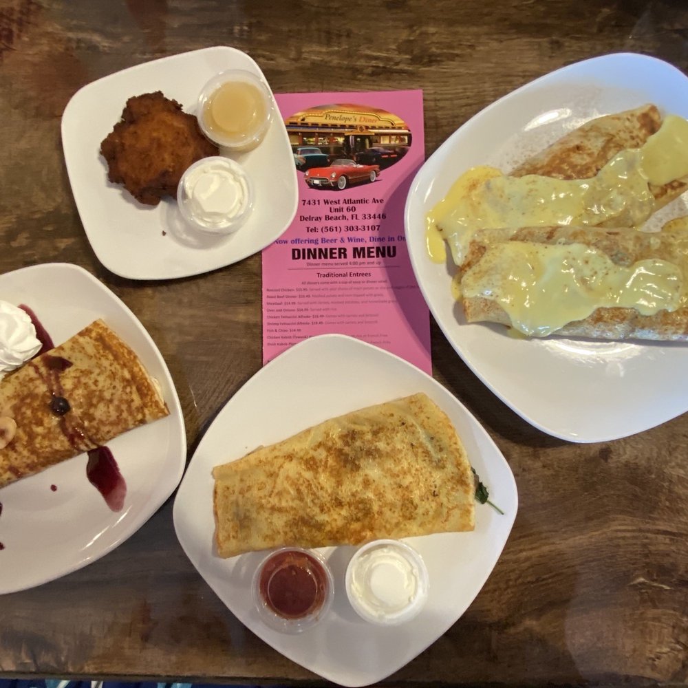 Penelope's diner - Veggie Crepe, fruit explosion crepe, seafood crepe. And a potato pancake. - Breakfast & Brunch Near Me - Delray Beach, Florida Penelope's diner - Veggie Crepe, fruit explosion crepe, seafood crepe. And a potato pancake. - Breakfast & Brunch Near Me - Delray Beach, Florida