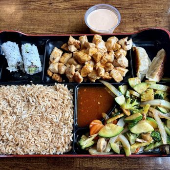 Konnichiwa - Bento Box (California Roll, Teriyaki Chicken, Gyoza dumplings, Fried Rice, Mixed Vegetables) - Sushi Bars Near Me - Greenville, South Carolina