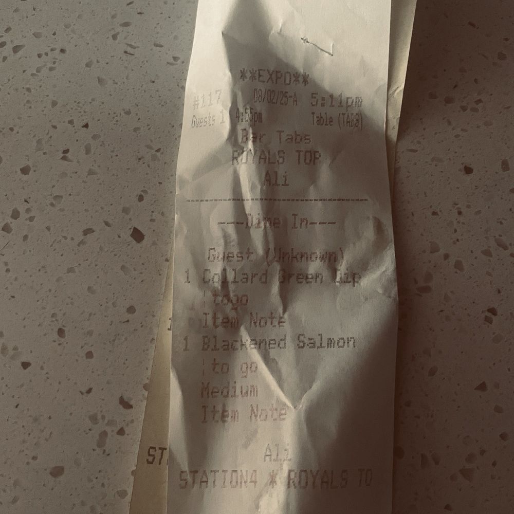 Receipt denoting blackened. Receipt denoting blackened.