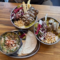 Shami Cafe - Kufta bowl, crunch (falafel) bowl, Layla & Majnoon dip appetizer