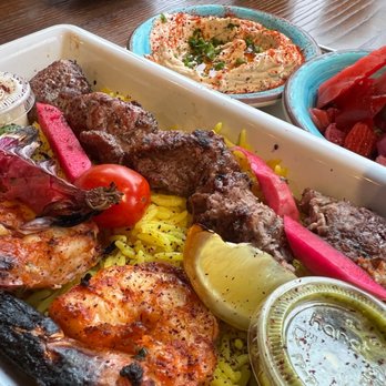 Mazra - Double Kebab Plate Lamb & Shrimp) with 2 sides (hummus & pickled vegetables) - Mediterranean Near Me - San Bruno, California