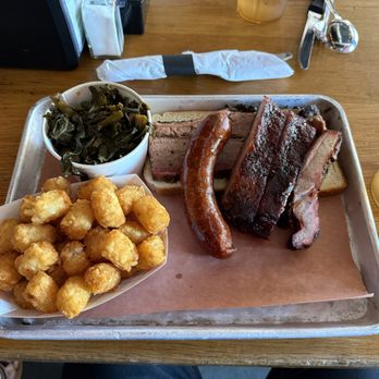 Fox Bros. Bar-B-Q - BC Plate (Ribs, Sausage, Brisket, Tots, Greens) - Barbeque Near Me - Atlanta, Georgia Fox Bros. Bar-B-Q - BC Plate (Ribs, Sausage, Brisket, Tots, Greens) - Barbeque Near Me - Atlanta, Georgia