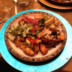 Chicken Soup for the Soul - Roast Moroccan lamb, salt beef, falafel crusted chicken goujons, fattoush, Israeli salad and jewelled rice