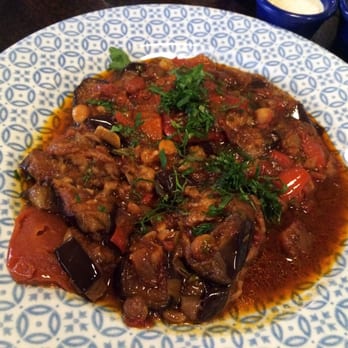 Bakchich - Lebanese Moussakka: Baked aubergines in a tomato sauce, onions, garlic, cumin and chickpeas - Lebanese Near Me - Manchester, XGM