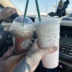 Starbucks - Iced Mocha with 4 caramel pumps and a Pink Drink with sweet and coconut milk