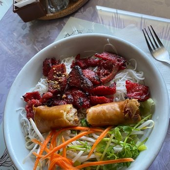 Bobo Cafe - BBQ pork over angel hair pasta with spring rolls and small salad. YUUUUMM - Vietnamese Near Me - Auburn, California Bobo Cafe - BBQ pork over angel hair pasta with spring rolls and small salad. YUUUUMM - Vietnamese Near Me - Auburn, California