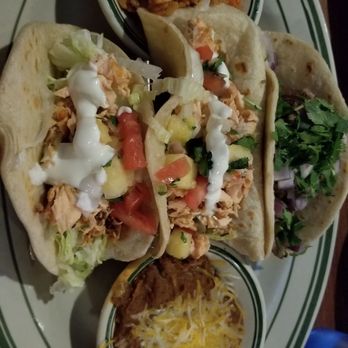 Me & Julio - 2 salmon tacos and a carne asada taco with refried beans and rice - Mexican Near Me - Fitchburg, Wisconsin