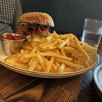 Blackbird Abbey - The burger and French fries... - New American Near Me - Whittier, California