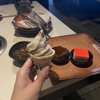 Soupleaf Hot Pot - dessert! sesame soft serve and cakes in back - Hot Pot Near Me - Austin, Texas